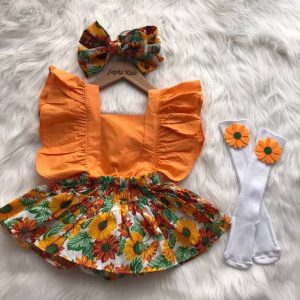 Robe bébé à fleurs orange 3 pièces