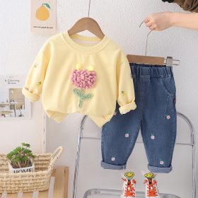 Enssemble fille pull jaune fleur 3D rose haute qualité