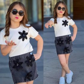 Ensemble fille jupe jean à fleurs noir