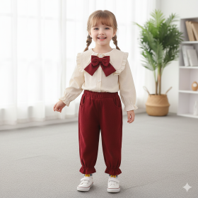 Enssemble pantalon chemise beige noeud bordeau