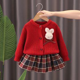 Ensemble Cardigan Lapin et Jupe à Carreaux - Rouge
