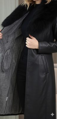 Manteau Femme en Cuir Noir - Coupe Longue et Doublure Chaude – Image 3