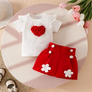 Enssemble fille motif coeur rouge et fleurs blanche 2 pieces