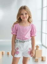Enssemble fille rose short blanc à fleurs