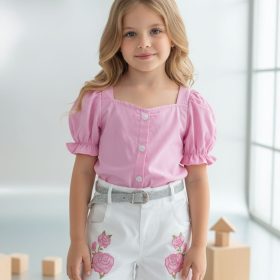 Enssemble fille rose short blanc à fleurs