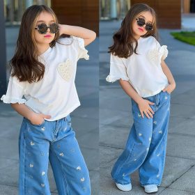 Enssemble fille pantalon bleu à petits cœurs