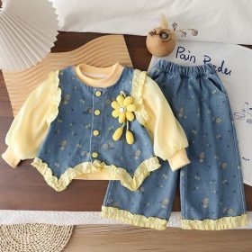 Ensemble en jean à petites fleurs jaune 3piéces